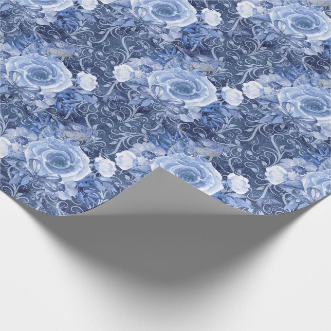 Navyblå och vit rosblomma presentpapper (Hörn)