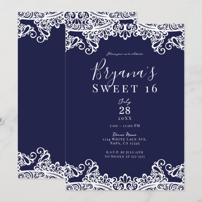Navyblå och vit spets Elegant Sweet 16-fest Inbjudningar (Fram/baksida)