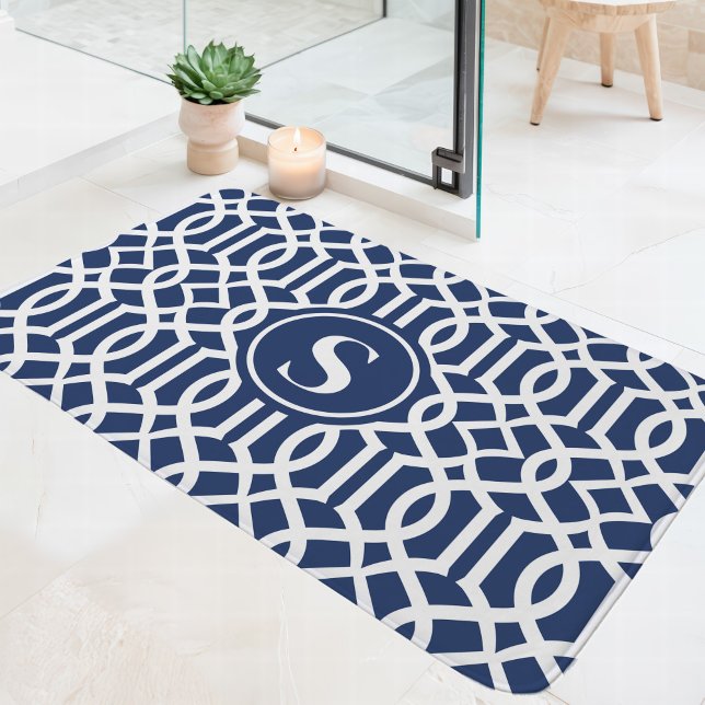 Navyblå och vit trellis-monogram badrumsmatta (Skapare uppladdad)
