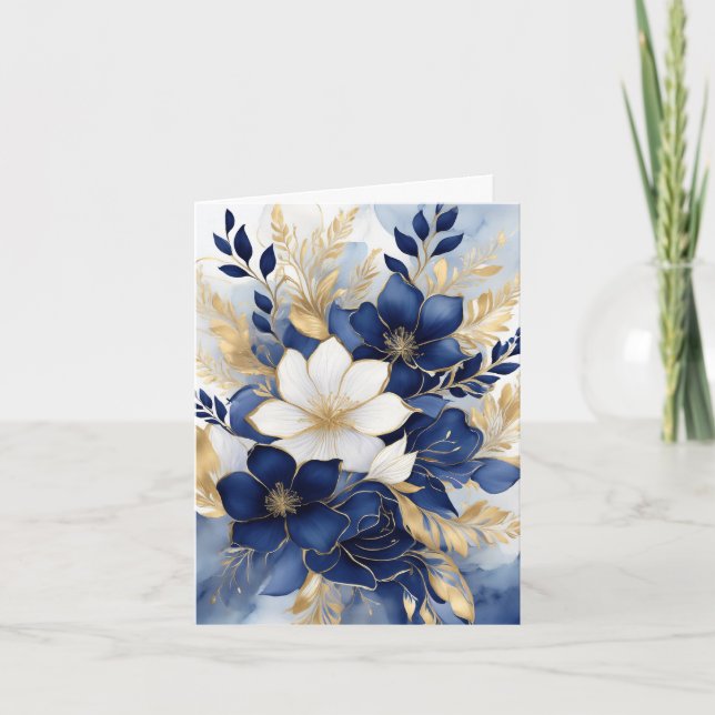 Navyblå och vita botaniska blommor anteckningskort (Framsida)