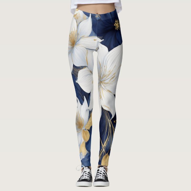 Navyblå och vita botaniska blommor leggings (Framsida)