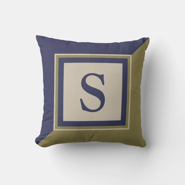 Navyblå Olivgrön Tan Stor Monogram Kudde (Framsida)