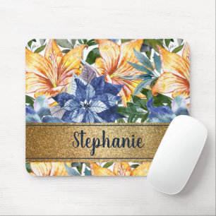 Navyblå Orange Blommig Guld Namn Skrift Musmatta