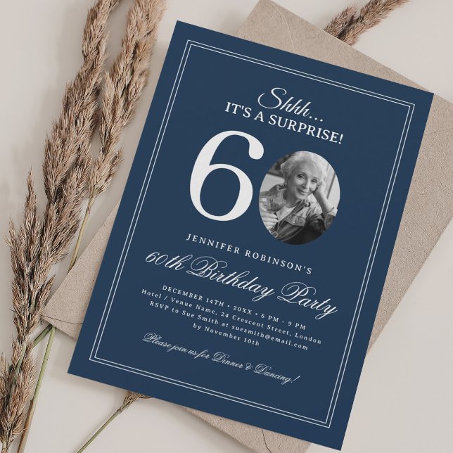 Navyblå | Överraskningsfest för 60-årsdag Inbjudningar (Navy Blue | Surprise 60th Birthday Party Invitation)