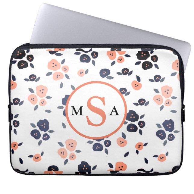 Navyblå Persika Blommig Monogram Initialer Bondgår Laptop Fodral (Framsidan)