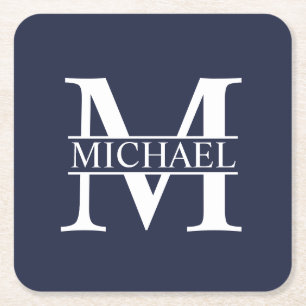 Navyblå Personlig Monogram och Namn Underlägg Papper Kvadrat