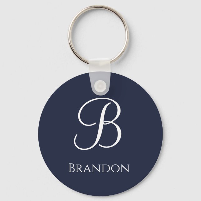 Navyblå personlig namn och monogram nyckelring (Framsida)