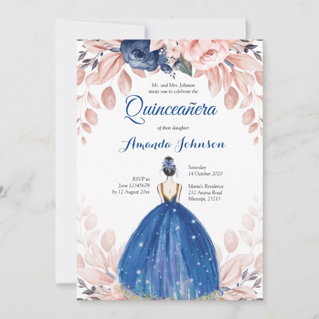 Navyblå prinsessa Quinceañera spansk 15-årsdag Inbjudningar (Framsida)