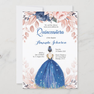 Navyblå prinsessa Quinceañera spansk 15-årsdag Inbjudningar