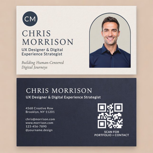 Navyblå professionell QR-kod foto skiffersten Visitkort (Skapare uppladdad)