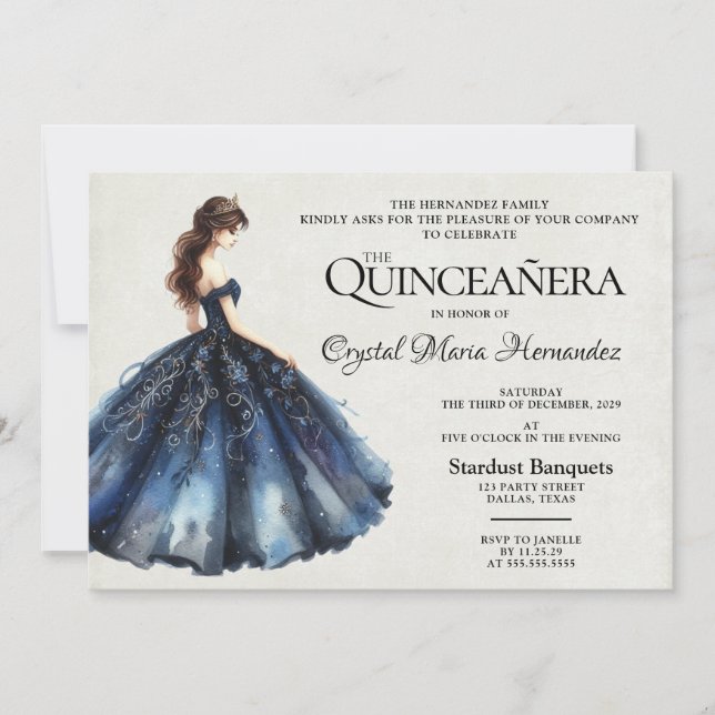 Navyblå Quinceañera Inbjudningar (Framsida)