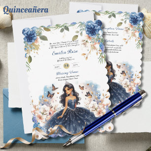 Navyblå Quinceanera-klänning med blommiga fjärilar Inbjudningar