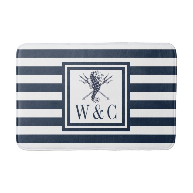 Navyblå rand monogram nautisk sjöhästavbad M Badrumsmatta (Framsidan)