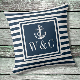Navyblå rand nautiskt ankare monogram kudde