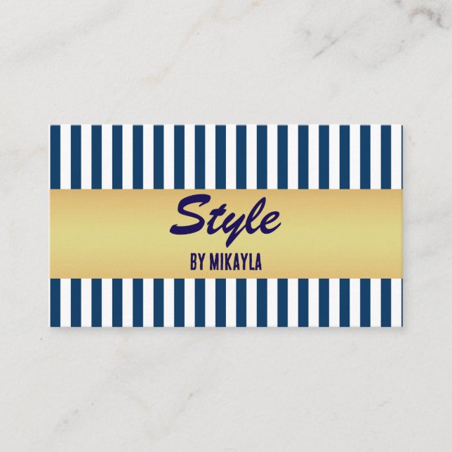 Navyblå Ränder Guld Bar Stylist Visitkort (Framsida)