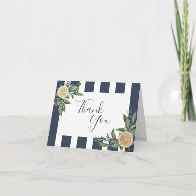 Navyblå randig akvarell citron citrus vikt tack kort (Framsida)