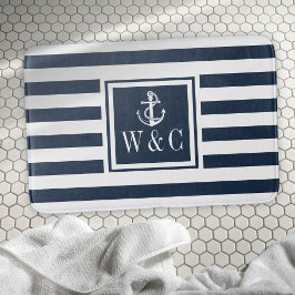 Navyblå randig monogram initialer nautiskt ankare badrumsmatta