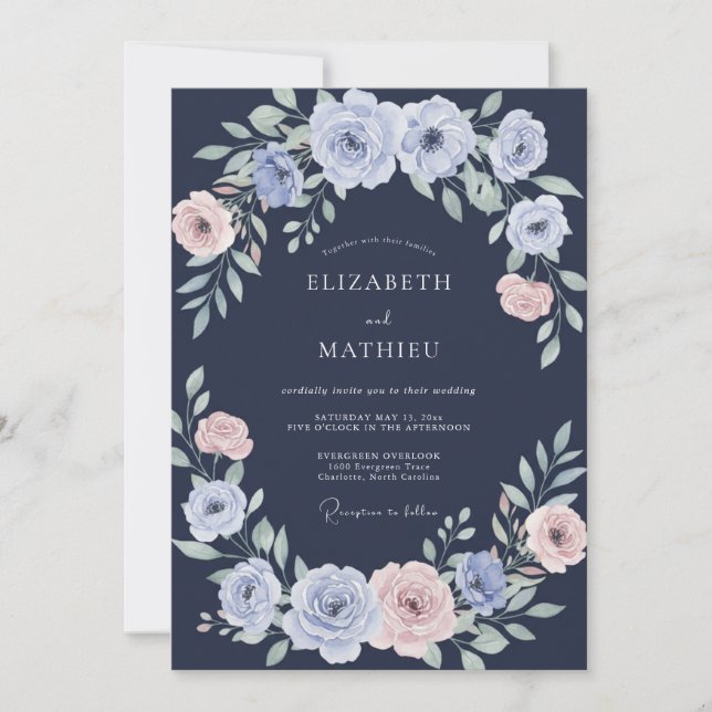 Navyblå Ranunculus-Eukalyptus-Hochzeit Inbjudningar (Framsida)