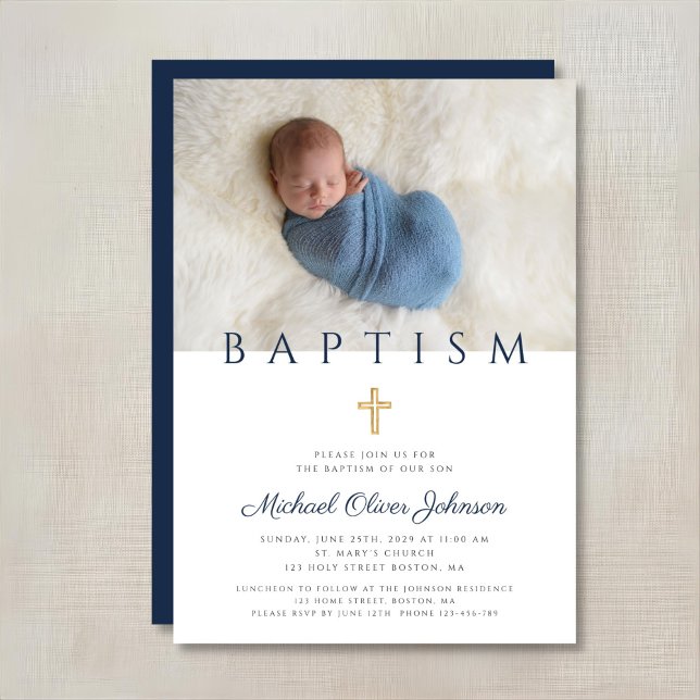 Navyblå religiös kors pojke dop foto inbjudningar (Navy Blue Religious Cross Boy Baptism Photo Invitation)