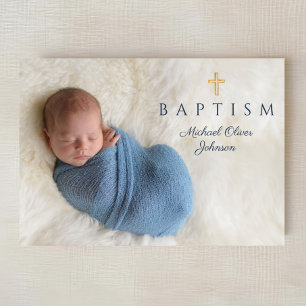 Navyblå religiös kors pojke dop foto inbjudningar