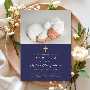 Navyblå religiös korsfoto pojke dop inbjudningar