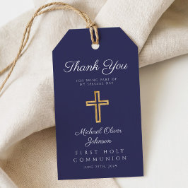 Navyblå religiöst kors pojke första kommunion presentetikett