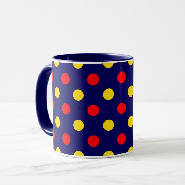 Navyblå röd gul prickig design  mugg (Framsida vänster)