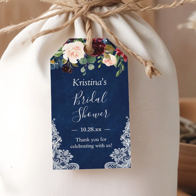 Navyblå Röd Rosenskugga Blommig Spets Bröllopsdusc Presentetikett (Skapare uppladdad)