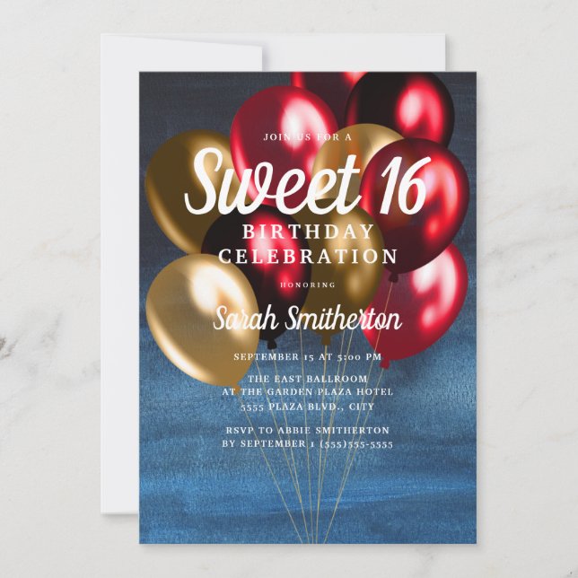 Navyblå röda guld ballonger Sweet 16 Inbjudningar (Framsida)