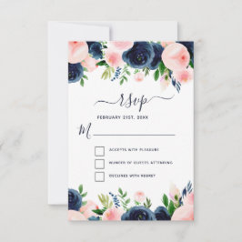 Navyblå Rosa Blommig Akvarell RSVP Inbjudningar
