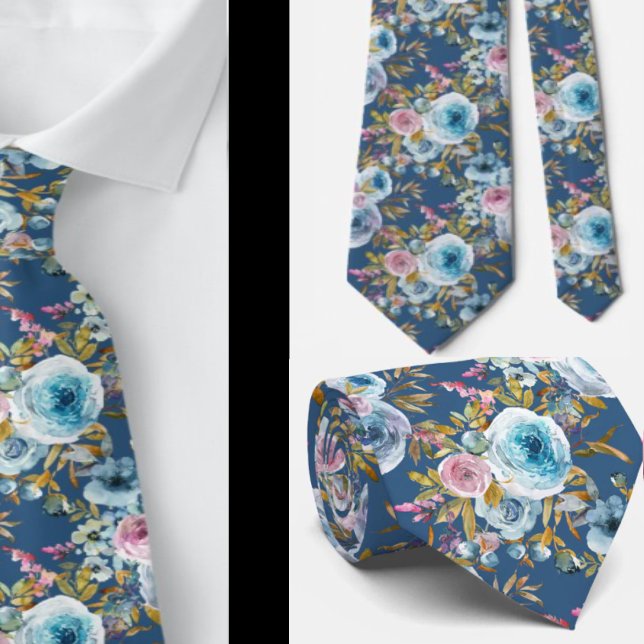 Navyblå Rosa Blommig Akvarellrosor Slips (Skapare uppladdad)