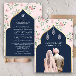 Navyblå rosa blommig Anand Karaj Sikh bröllopsklän Inbjudningar