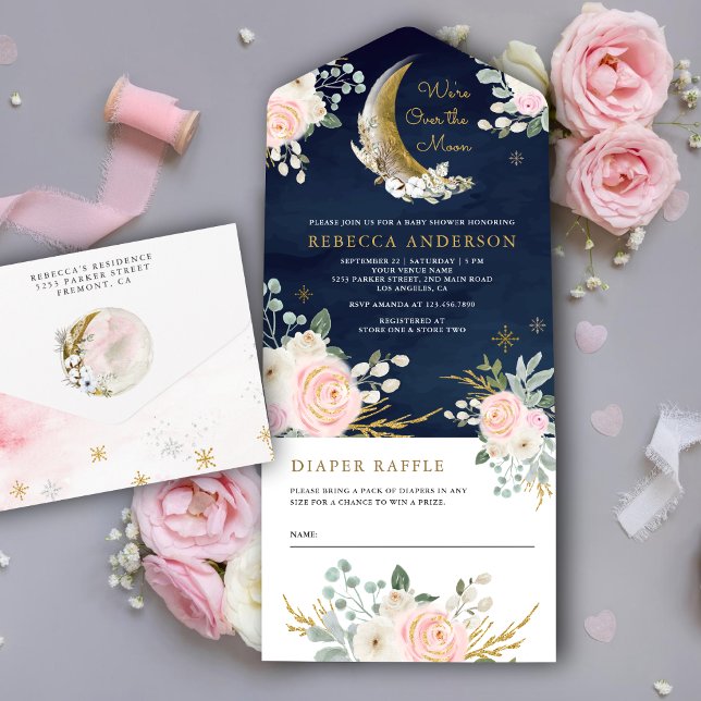 Navyblå Rosa Blommig Guld Måne Bebisshower (Skapare uppladdad)
