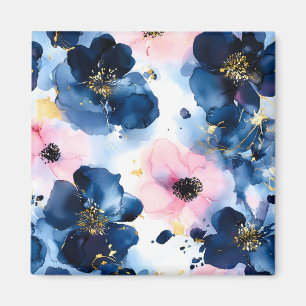 Navyblå Rosa Guld Akvarellblommor Magnet