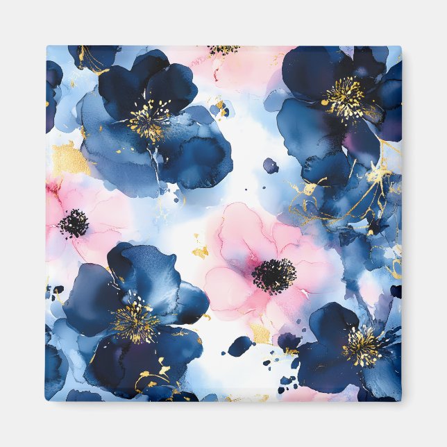 Navyblå Rosa Guld  Akvarellblommor Magnet (Framsidan)