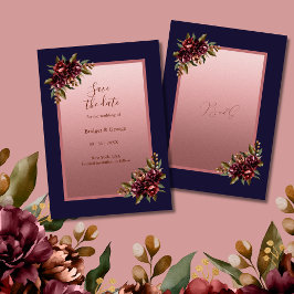 Navyblå Rosa Guld Blommig Bröllop Spara Datum Inbjudningar