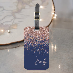 Navyblå Rosa Guld Glitter Monogram Bagagebricka