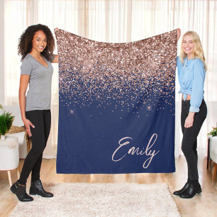 Navyblå Rosa Guld Glitter Monogram Fleecefilt