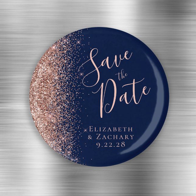 Navyblå Rosa Guld Glitter Skrift Spara Datum Magnet (Skapare uppladdad)