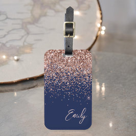 Navyblå Rosa Guld Rosa Glitter Monogram Bagagebricka