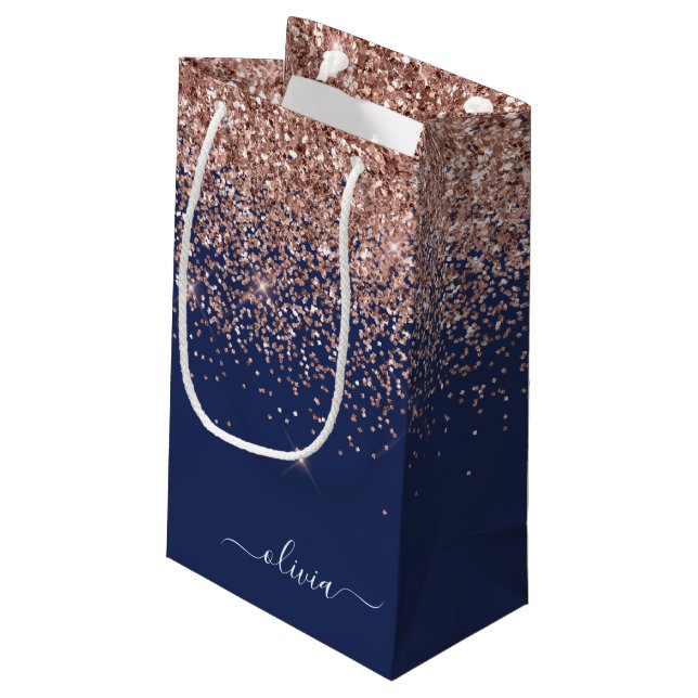 Navyblå Rosa Guld Rosa Glittermonogram (Baksidan Vinklad)