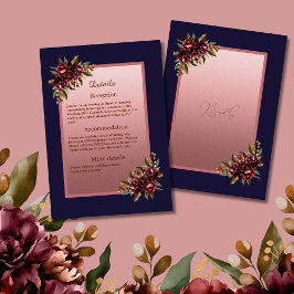 Navyblå Rosa Guld Script Burgunder Blommig Bröllop Tilläggskort