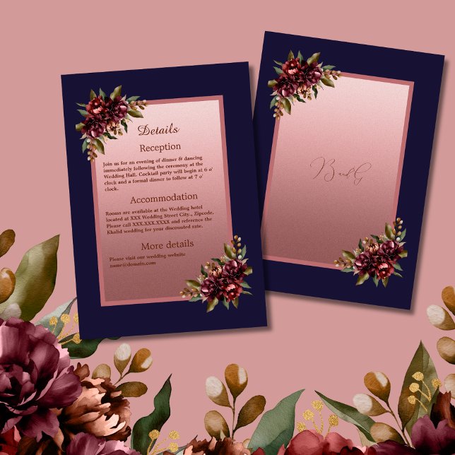 Navyblå Rosa Guld Script Burgunder Blommig Bröllop Tilläggskort (Skapare uppladdad)