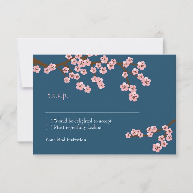 Navyblå & Rosa Körsbärsblommande Vårbröllop OSA Kort (Framsida)