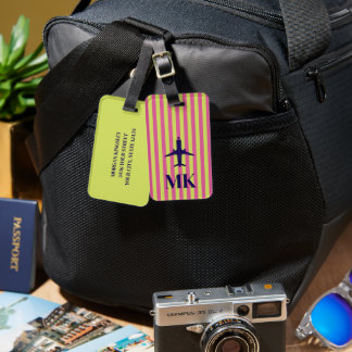 Navyblå Rosa Limegrön Flygplan Randig Monogram Bagagebricka