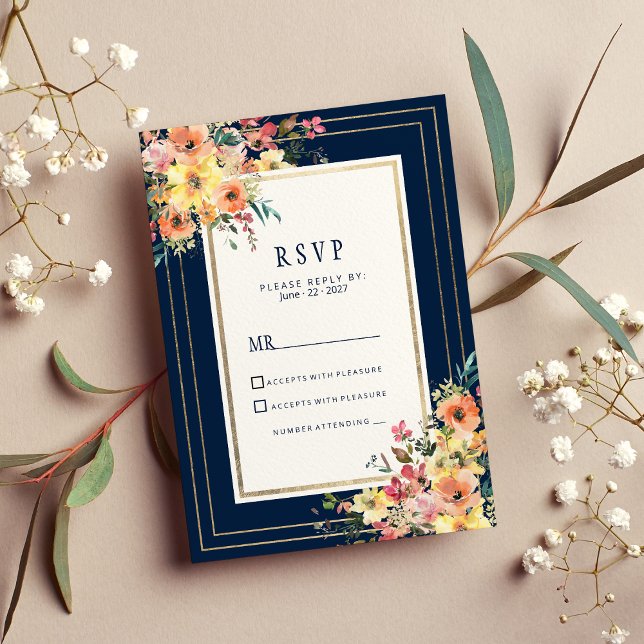 Navyblå rosa orange guld blomstergrafik vår RSVP Inbjudningar (Navy blue pink orange gold floral spring RSVP)