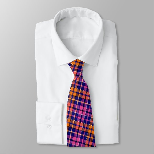 Navyblå Rosa Orange Rutig Tartan Design  Slips (Bunden)