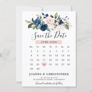 Navyblå Rosa Ros Blommig Kalender Spara Datumet