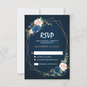 Navyblå Rosa Ros Boho Bröllop RSVP OSA Kort