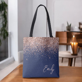 Navyblå Rosa Roséguld Glitter Monogram Tygkasse